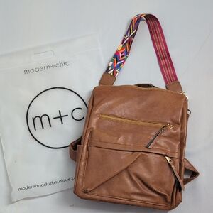 Modern+Chic Brown Backpack/Purse with Colorful Reversible/Removable Strap